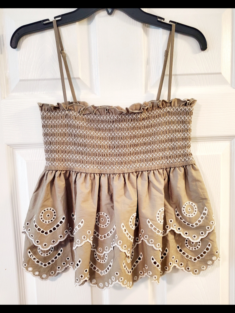 Spaghetti Strap Tank Top - Smocked Eyelet Hem Light Olive